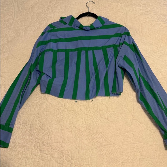Striped Cropped Button-Up Shirt in Blue and Green - Picture 4 of 4